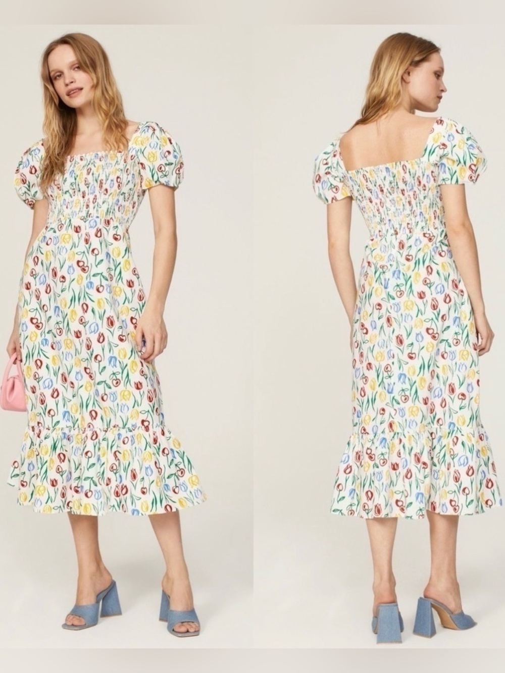 HVN Holland Tulip Smocked White Floral Midi Dress with Puff Sleeves O13